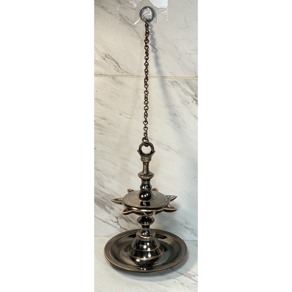 Antique Indian Hindu Fine Brass Hanging Oil Diya Lamp (16”tall With Chain)